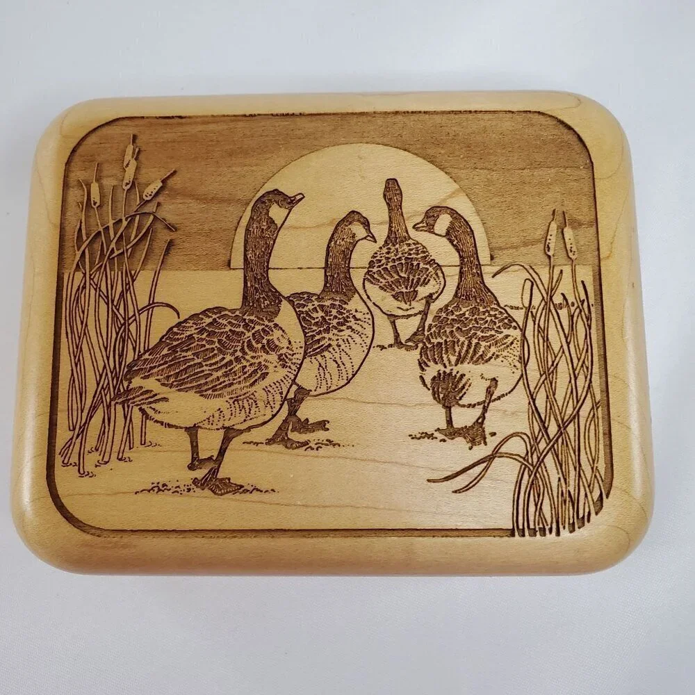 VTG Laz-Art Laser Etched Handcrafted Wood Lidded Jewelry Box Trinket Geese